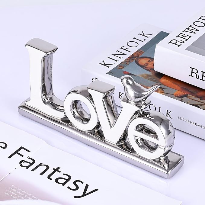 Love Sign Decoration,White and Silver Love Signs for Home Decor Statue,Bird Sculpture Personalized Love Decor,Chrome Style Figurine Decorative Ornaments for Living Room,Bedroom (2 Pcs, White+Silver)-Ruum Studio Home