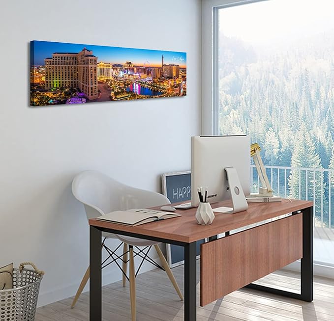 Las Vegas Skyline Wall Art Cityscape Canvas Prints City Modern Building Posters Bellagio Fountain Skyscraper Night View Panoramic Pictures for Home Office Living Room Decor Framed 13.8"x45.3"-Ruum Studio Home