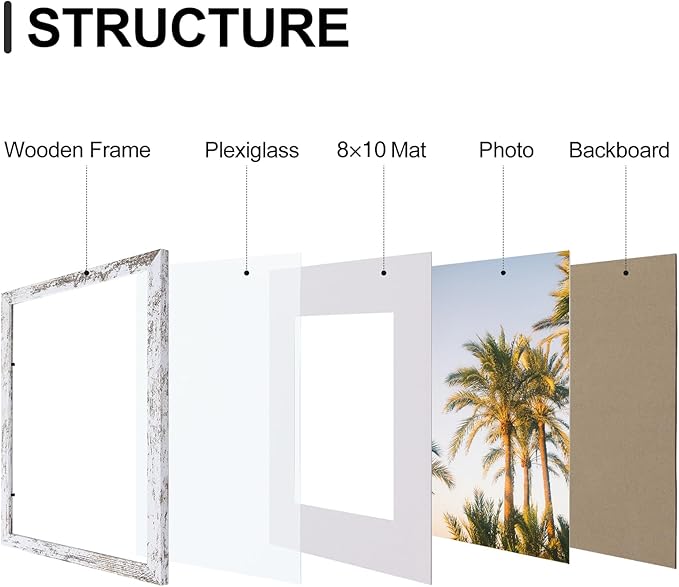 Vittanly 11x14 Picture Frames Set of 9, Shatter Resistant Plexiglass, Display 8x10 Pictures with Mat or 11x14 without Mat, Photo Frames for Wall or Tabletop, Engineered Wood, Distressed White-Ruum Studio Home