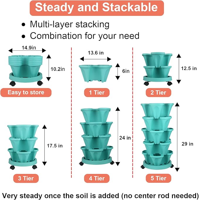 Vertical Planter 5 Tier Stackable Planters Garden Planters Strawberry Herb Flower and Vegetable Planter Indoor Outdoor Gardening Pots with Removable Wheels and Tools-Ruum Studio Home