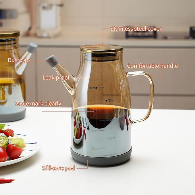Large Glass Oil Dispenser Bottle for Kitchen Cooking Recipiente Para Aceite De Cocina Olive Oil Vinegar Dispenser Cruet Stainless Steel Lid No Drip Liquid Container (Champagne, 27oz / 800ml)-Ruum Studio Home