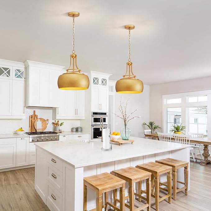 WUZUPS Chandelier Rustic Farmhouse Industrial Round Ceiling Pendant LED Light Fixture with Open Bottom Drum Shade, H 15.7" x W 13.4", Antique Gold-Ruum Studio Home