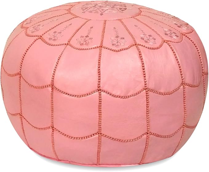 Stuffed Arch Design Moroccan Leather Pouf Ottoman, Handmade, Pre-Filled, 100% Genuine Leather, 14” Height x 22” Diameter – Boho Chic Footstool & Living Room Décor (Pink)-Ruum Studio Home