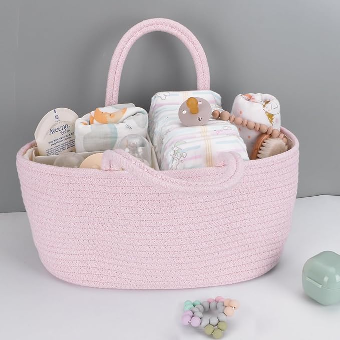 Baby Diaper Caddy Organizer for Girl Boy Rope Nursery Storage Bin Basket Portable Holder Tote Bag for Changing Table Car Travel Baby Shower Gifts Newborn Essentials Registry Must Have Items Pink-Ruum Studio Home