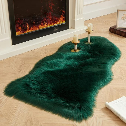 AMTOVO Faux Fur Rug, Dark Green Area Rug, Fluffy Sheepskin Rug, Fuzzy Ultra Soft 2 x 4 ft Shag Rugs for Bedroom Sofa Throw Cushion Room Decor, Sheepskin-Ruum Studio Home