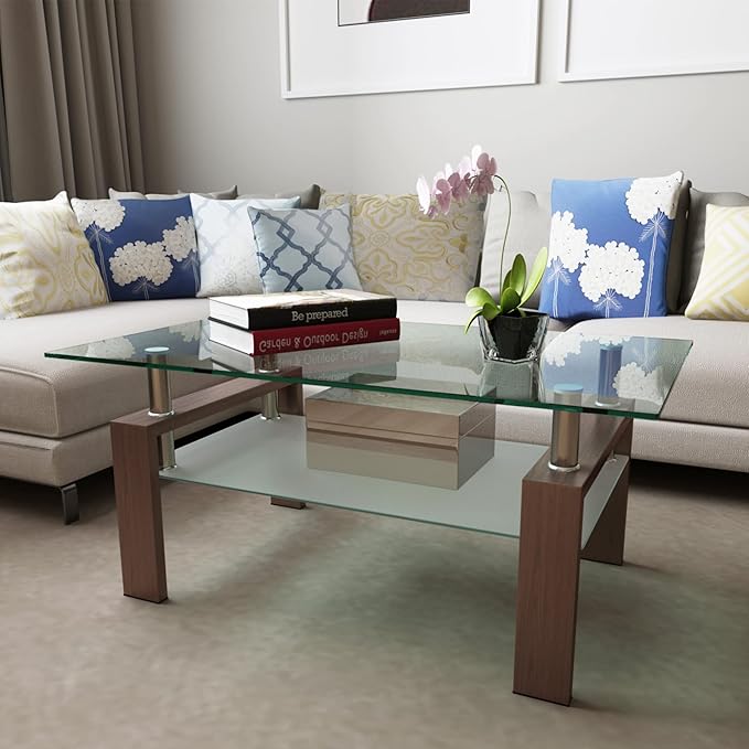 Glass Coffee Table for Living Room, Mordern Sofa Center Tables with Storage, Brown Metal Leg, Rectangle Tempered Glass Center Table Home Furniture-Ruum Studio Home