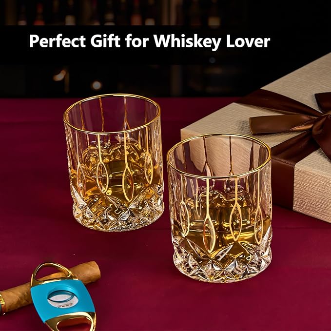 Gold Rim Whiskey Glasses Set of 2,Crystal Old Fashioned Glasses-Luxury Gold Collection,Perfect for Scotch Bourbon Rocks Cognac Vodka Gin Tequila Rum Liquor,Whiskey Gifts for Men-Ruum Studio Home