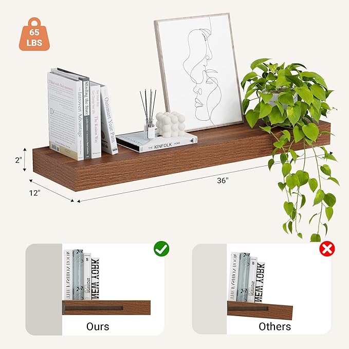 Heimlove 12" Deep Floating Shelves, 36 x 12 Inch Wall Mounted Long Floating Shelf with Invisible Brackets, for Home Decor, Bedroom, Kitchen, Living Room, Bathroom - 1 Pack, Walnut-Ruum Studio Home