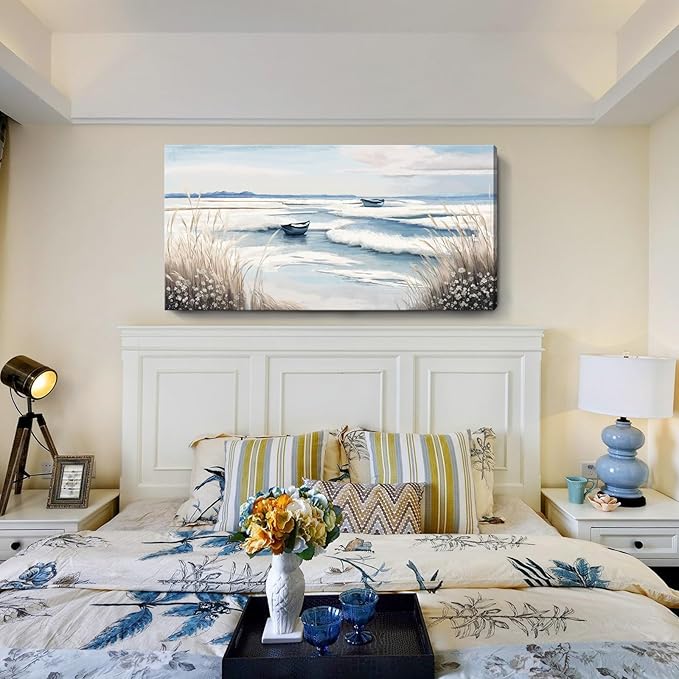 amatop Large Canvas Art Wall Decor for Bedroom Living Room –Rustic Coastal Ocean Artwork for Walls with Sailboat and Waves – Blue and White Nautical Beach Seascape Canvas Print 48x24 Inch-Ruum Studio Home