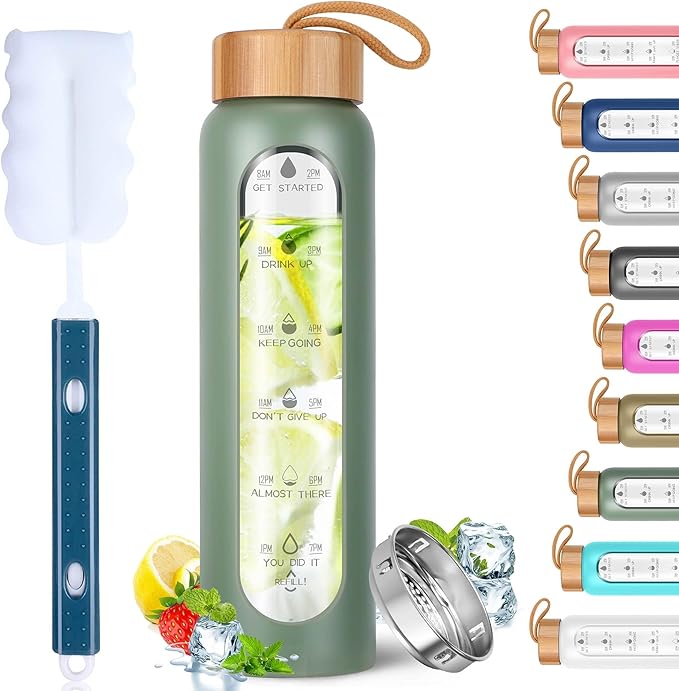 Aqulea Glass Water Bottles 25 Oz with Silicone Sleeve - BPA Free Reusable Wide Mouth Glass Motivational Water Bottles with Fruit Infuser – Leak Proof Borosilicate Water Bottle with Time Marker (Green)-Ruum Studio Home