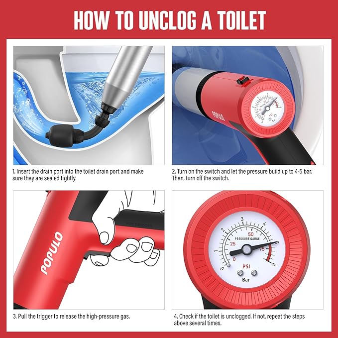 POPULO Electric Toilet Plunger Swift High Pressure Drain Unclogger Plungers for Bathroom, Floors, Shower Heavy Duty Versatile Home Toilet Clog Remover-Ruum Studio Home