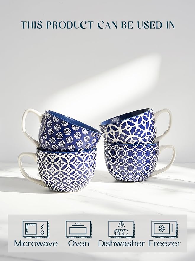 DOWAN Coffee Mugs Set of 4, 24 oz Large Coffee Mugs, Jumbo Soup Mugs With Handles, Ceramic Coffee Cups for Coffee Cereal Latte for Men Women, Housewarming Wedding Gift, Vintage Blue-Ruum Studio Home