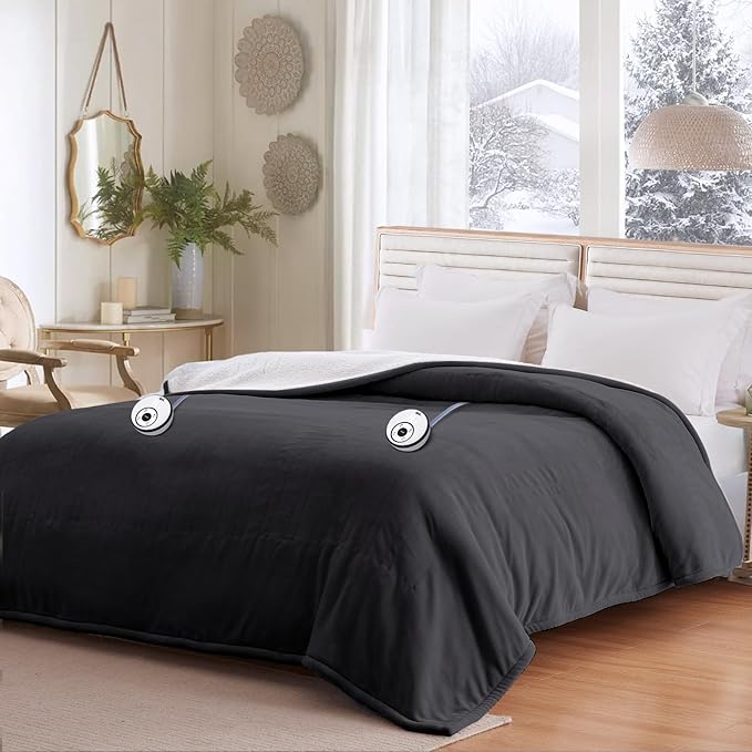 Sealy Electric Blanket King 100"*90",Super Cozy Flannel to Sherpa Reversible Heated Blanket King Size with 10 Heating Levels & 1-12 Hours Auto Off Overheating Protection Machine Washable,Charcoal-Ruum Studio Home