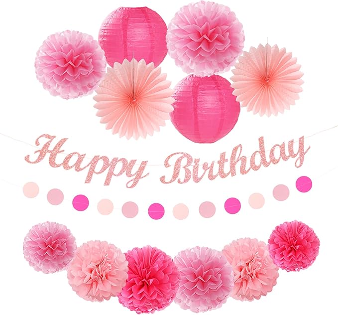 Hot Pink Birthday Party-Decorations Paper-Flowers - 14pcs Happy Banner Girl Lanterns Tissue Pom Poms,Women Streamers Garland Fans,21st 18th Princess Baby Sweet 16 Pretty Hanging Supplies Decor Hugfond-Ruum Studio Home