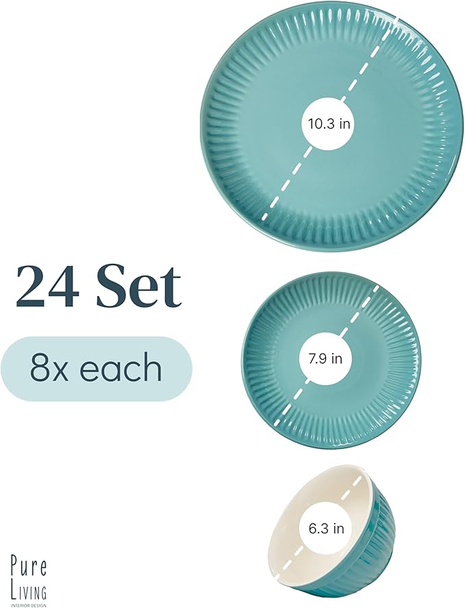 Stoneware Dinnerware Set for 8 People HYGGE 24-Piece - Elegant Scandi Design - Premium Dish Set - Bowl and Plate Set - Tableware for 8 People in a Ribbed Design - Pure Living in Green-Ruum Studio Home