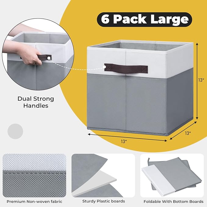 Criusia Large Storage Cubes -6 Set Closet Organizers Bins for Clothes -13 inch Fabric Storage Baskets for Shelves, Cube Organizer/ Toy Storage Organizer/ Dorm Room Essentials/ House warming Gift-Ruum Studio Home