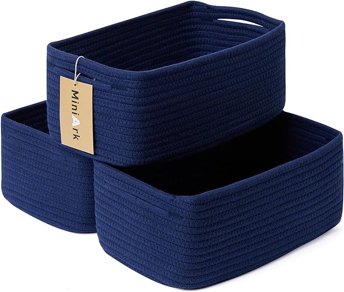 Small Storage Baskets for Organizing | Closet Organizer Bins | Shelf Toy Basket | Woven Rope Baskets | Cube Decorative Box | Shallow Basket | 13x8.5x5.1” | 3 Packs Navy Blue-Ruum Studio Home