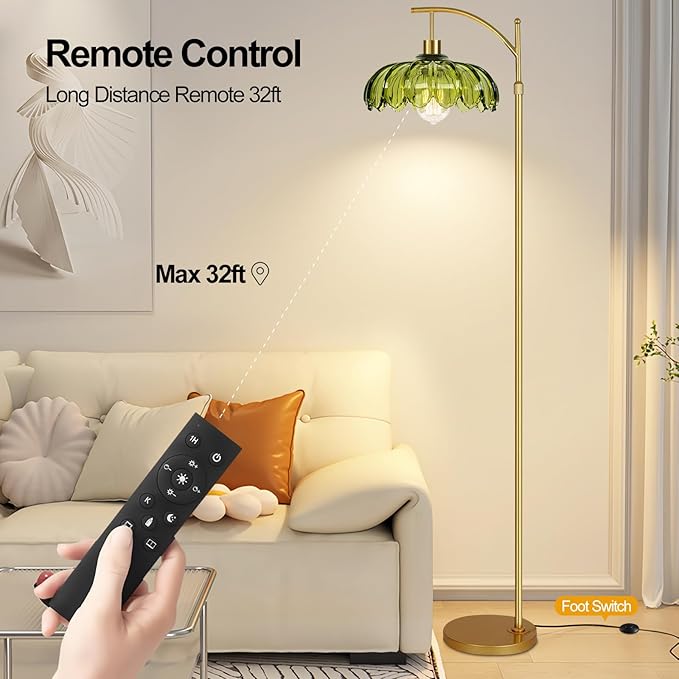 Gold Floor Lamps for Living Room Glass Vintage Floor Lamp with Remote Control,Dimmable Mid Century Modern Standing Lamp with 3 Color Temperature Tall Flower Lamp Brass Floor lamp for Bedroom Corner-Ruum Studio Home