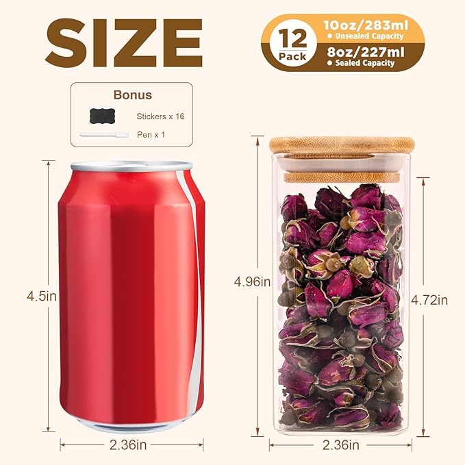 Glass Food Storage Jars Square 10oz, 12 Pack Glass Jars With Bamboo Lids, Kitchen Storage Containers For Spice, Candy, Cookie, Storage For Pantry Organizers-Ruum Studio Home