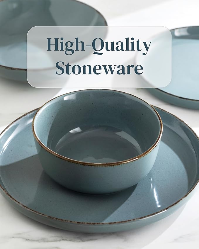 Stoneware dinnerware set 4 persons Rustic 16 pcs - Rustic design dinnerware set, dishwasher safe - Bowl and plate set - Pure Living dinnerware in smoky blue…-Ruum Studio Home