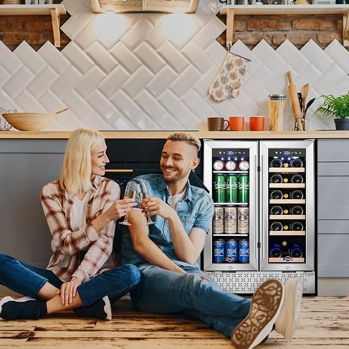 Tylza Wine and Beverage Refrigerator 24 Inch Dual Zone, French Door Wine and Beverage Cooler 24'' Built-In or Freestanding Drink Fridge, Under Counter Beer Refrigerator-Ruum Studio Home