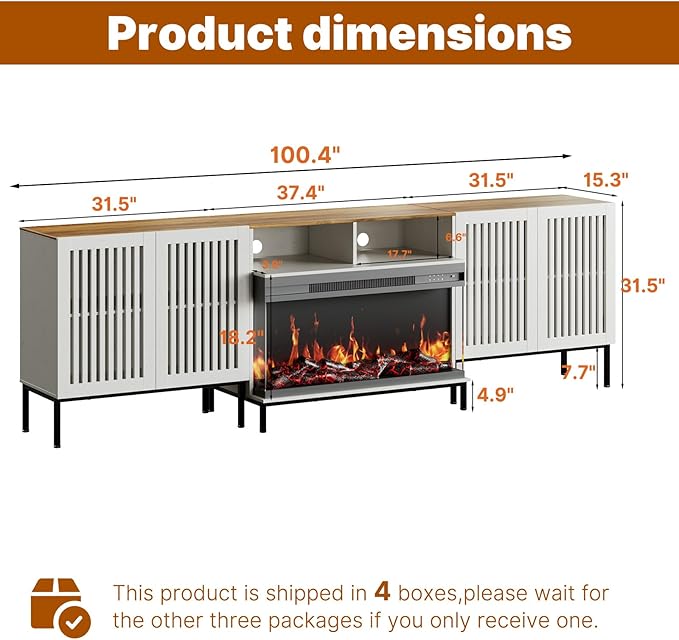 3-Sided Glass Farmhouse Fireplace TV Stand for TVs Up to 100 Inch, Entertainment Center with 36" Electric Fireplace, TV Console with Storage Cabinets for Living Room, Antique White-Ruum Studio Home