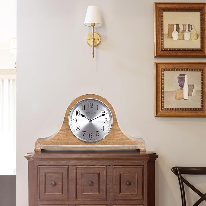 TXL Mantel Clock, Silent Wood Table Clock Battery Operated, Desk Shelf Vintage Clock for Living Room,Home Decor Gift, T20211-Ruum Studio Home