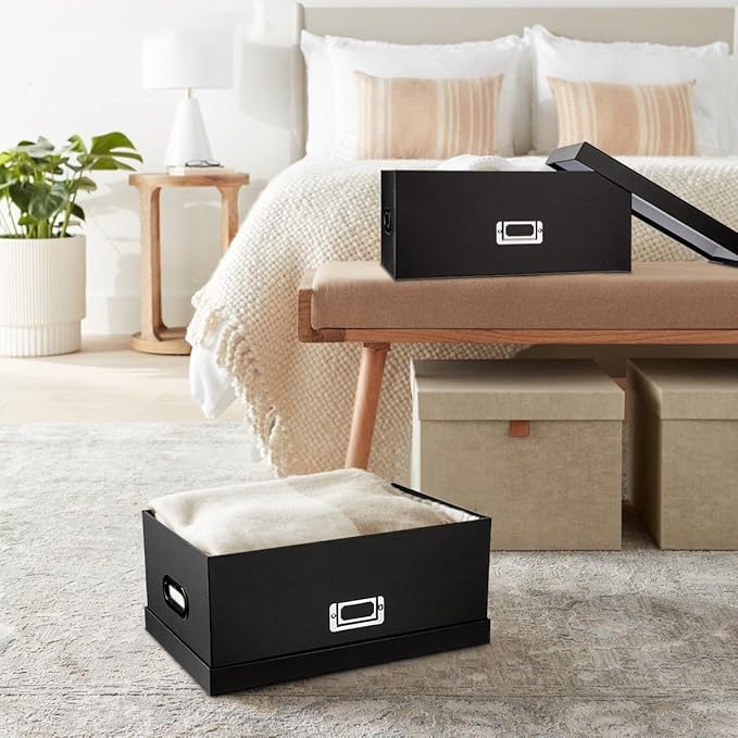Briful Decorative Storage Boxes with Lids Set of 2 – 14'' + 13'' Set Rectangular Nesting Boxes – Cardboard Organizer with Lift-Top Lid – Black Wood for Home & Office-Ruum Studio Home