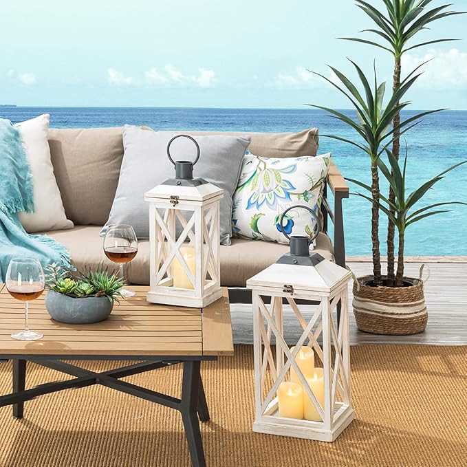 Glitzhome Mondern Farmhouse Wooden Lantern Hanging Decorative Candle Lantern for Outdoor & Indoor Wash White Set of 2 (No Glass)-Ruum Studio Home