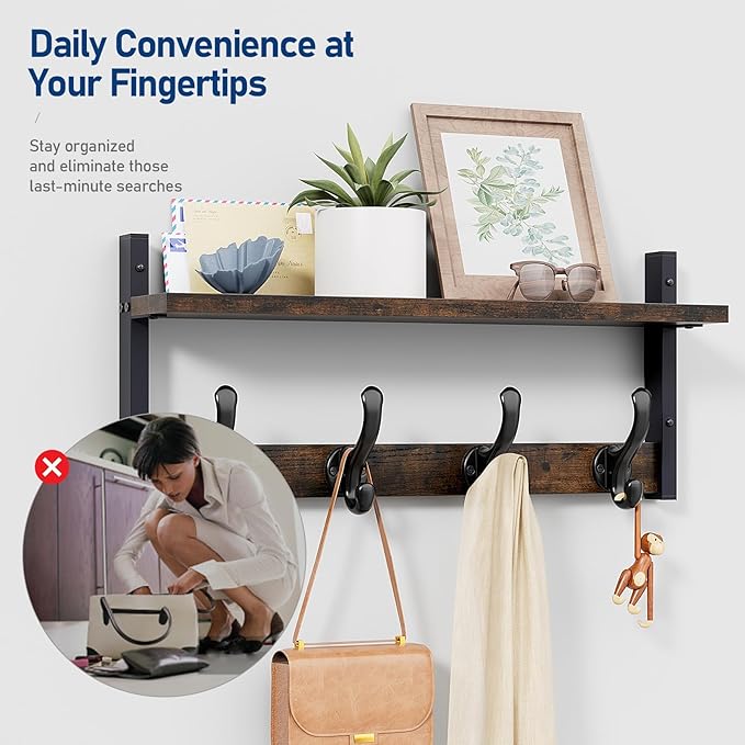 Tatub 20" Rustic Coat Rack Wall Mount with Shelf, Wall Hooks with Shelf, Heavy Duty Entryway Organizer Hangers for Hanging, Hat, Bag, Jacket for Bathroom, Living Room, Bedroom, Rustic Brown-Ruum Studio Home