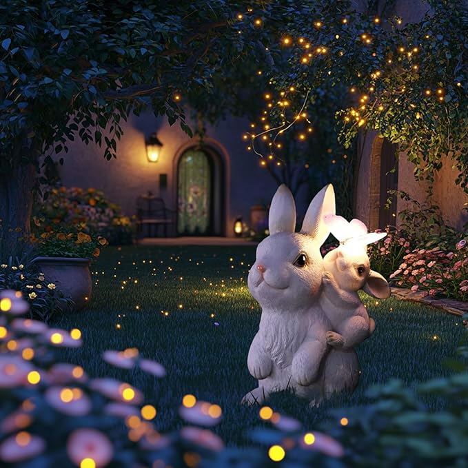 Solar Garden Statues Rabbit with Solar Lights,Mother&Baby Bunny Figurine with Butterfly Changing Lights for Yard Art Garden&Patio Decor,Unique Easter&Birthday Gifts for Women Mom Grandma-Ruum Studio Home