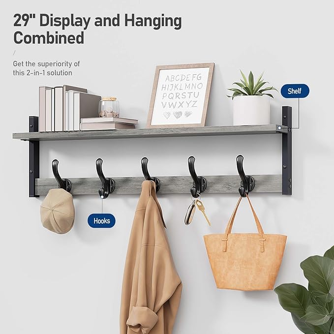 Tatub 29" Rustic Coat Rack Wall Mount with Shelf, Entryway Wall Hooks with Shelf and 5 Metal Hooks, Coat Hangers for Bathroom, Living Room, Bedroom, Kitchen, Grey-Ruum Studio Home