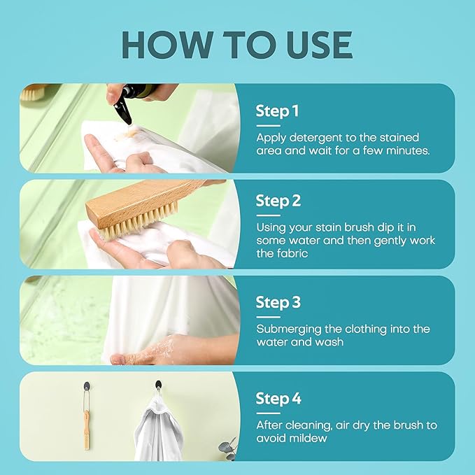 BFWood Laundry Stain Brush, Large Natural Soft Boar Bristles, Removes Tough Stains from Delicate Fabrics Like Knits, Cotton, and Linens, Gentle on Fabrics, No Damage-Ruum Studio Home