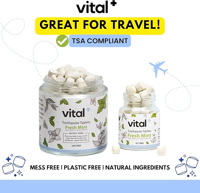 Vital Toothpaste Tabs with 7% Nano-Hydroxyapatite | Naturally Whitens + Remineralizes Teeth | Fluoride & Plastic Free | Combats Sensitivity | Travel & Eco Friendly | Fresh Mint | 248 Tablets (4 Month)-Ruum Studio Home