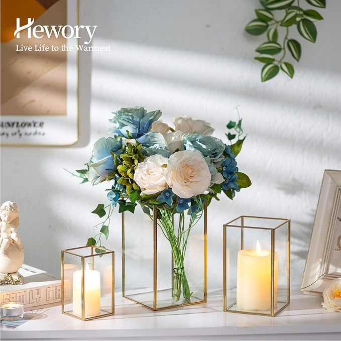Glass Hurricane Candle Holder Large - Hewory 18pcs Gold Rectangle Flower Holders Centerpiece for Table, Tall Floor Square Pillar Candle Lantern for Wedding, Anniversary, Party, Fireplace, Dining Room-Ruum Studio Home