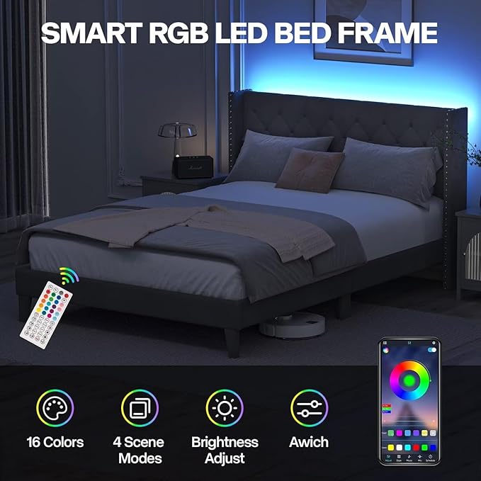 Full Size Bed Frame with LED Lights, Upholstered Bed Frame with Wingback Diamond Tufted Headboard, Wood Slats Support, Noise-Free, Easy Assembly, No Box Spring Needed, Grey-Ruum Studio Home