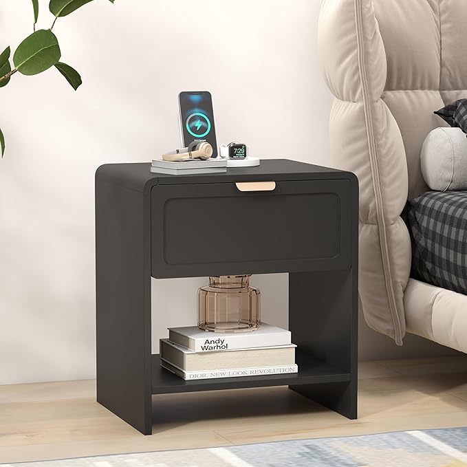 LEVNARY Nightstand Set of 2, Mid-Century Modern Bedside Table with Charging Station and Curved Top Corners, Wooden End Table for Farmhouse Bedroom Living Room (2, Black)-Ruum Studio Home