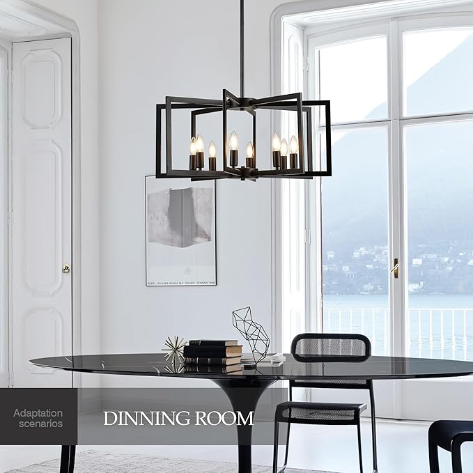 Modern Farmhouse Black Chandeliers for Dining Room, 8-Light Industrial Metal Chandeliers Geometric Pendant Lights Kitchen Island for Entryway Stairway Foyer Hallway-Ruum Studio Home