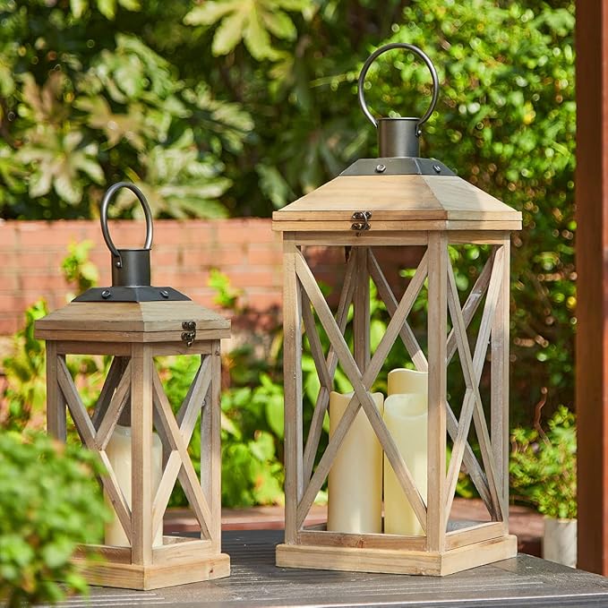 Glitzhome Mondern Farmhouse Wood Metal Lanterns Decorative Hanging Candle Lanterns Set of 2, Natural (No Glass)-Ruum Studio Home