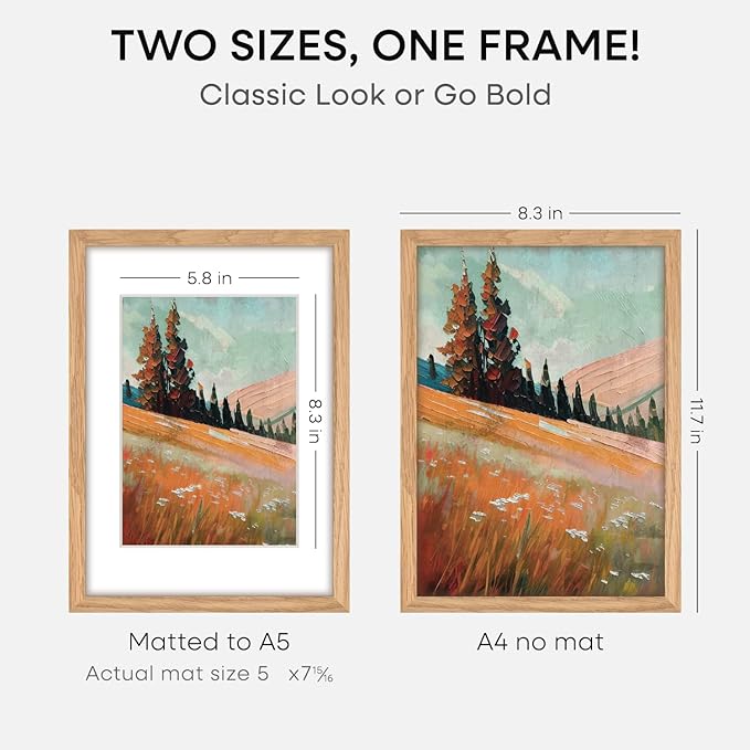 Homeforia A4 Picture Frame Wood, High-End Natural Oak 8.3 x 11.7 Wooden Poster Frames Matted to 5.8 by 8.3 inch Photo, A4 Size Light Wooden Frames with Mat A5 Print, Tempered Glass, Wall Kit, Set of 1-Ruum Studio Home