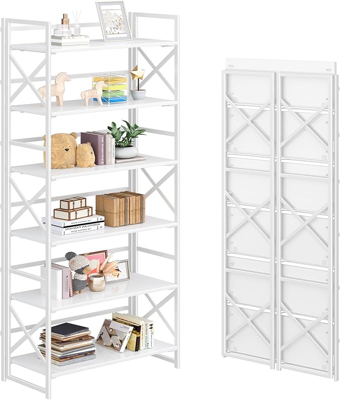 4NM 6 Tiers No Assembly Book Shelves, 61.8" H Folding Bookshelf Bookcase Open Industrial Foldable Shelves for Bedroom, Living Room, Home Office - All White-Ruum Studio Home