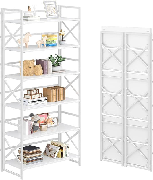 4NM 6 Tiers No Assembly Book Shelves, 61.8" H Folding Bookshelf Bookcase Open Industrial Foldable Shelves for Bedroom, Living Room, Home Office - All White-Ruum Studio Home