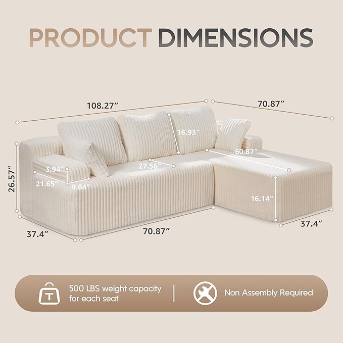 Hobestluk Modular Sectional Sofa Couches 108" L-Shape Couch 3 Seat Modular Sofa Memory Foam Sectional Couches for Living Room, Boneless Couch with Oversized Chaise (White, Right Facing)-Ruum Studio Home