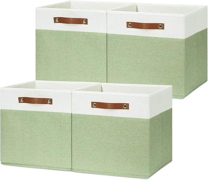 HNZIGE Fabric Cube Storage Bins 13x13 Set of 4 Canvas Storage Baskets for Shelves Collapsible Storage Bins for Organizing Clothes Closet Toy Nursery Cubby(Green&White)-Ruum Studio Home