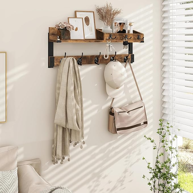 Homode Coat Rack with Shelf, Wall Shelf with Hooks, 26 Inch Long Coat Hanger Wall Mount with Key and Mail Holder, Wood Entryway Shelves for Hanging Hat Jacket Backpack Purse, Rustic Brown Black-Ruum Studio Home