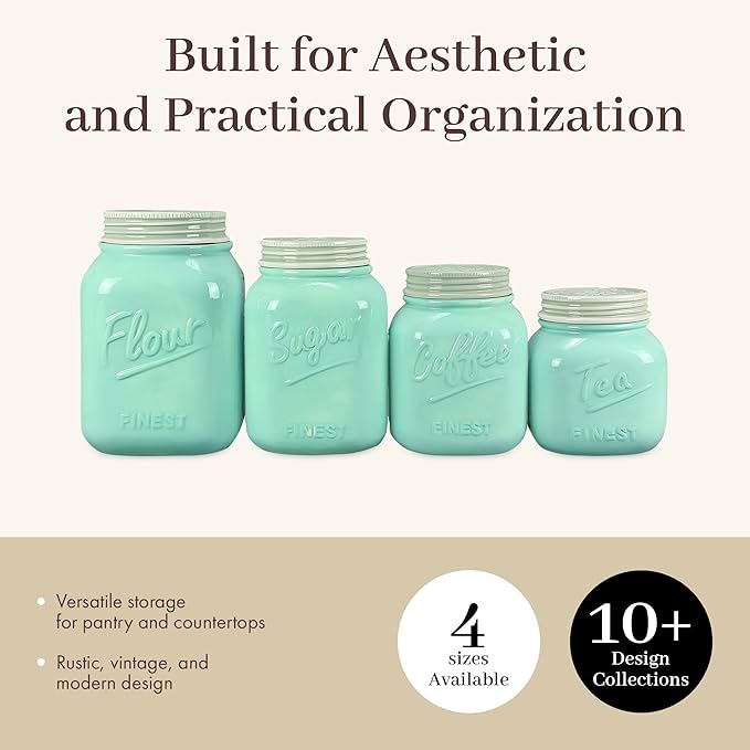 Young's Inc. 4 Pcs Set Vintage Ceramic Canisters- Storage Container for Kitchen and Bathroom - Beautiful Home Decor Accent to Store Food, Coffee, Tea, and More - Sky Blue-Ruum Studio Home