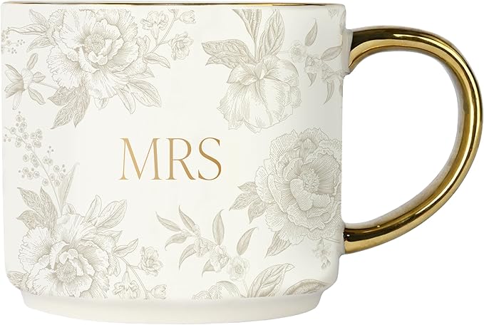 Sweet Water Decor Mrs Mug, 14oz Fine Bone China Coffee Cup with Gold Handle and Grey Delft Pattern, Bridal Shower Gift for Wedding Bride, Engagement & Newlyweds-Ruum Studio Home