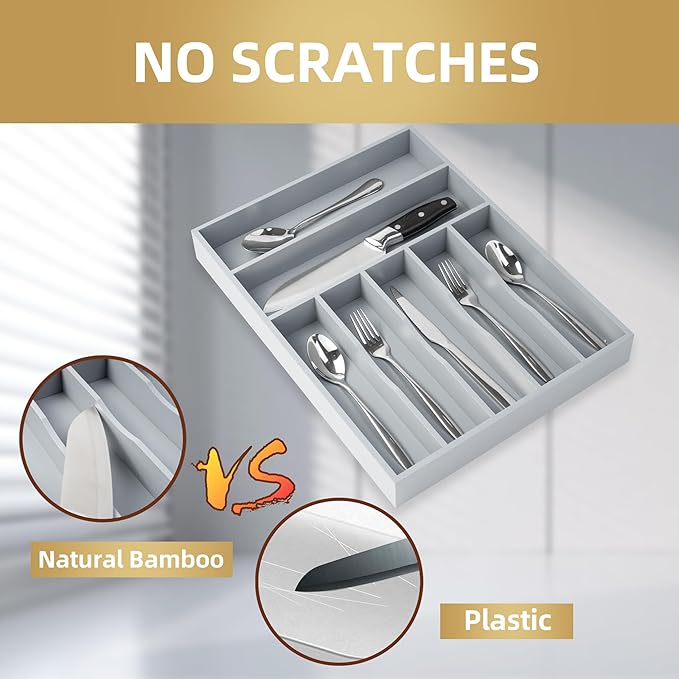 Silverware Organizer 13 Inch Gray Bamboo Kitchen Drawer Organizer 7 Slots Utensil Organizer Silverware Holder Cutlery Organizer Flatware Tray (Large)-Ruum Studio Home