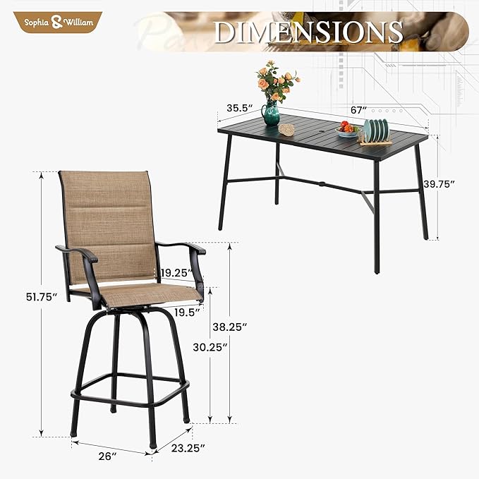 Sophia & William Outdoor Bar Set, Patio Bar Table and Chairs Set, Bar Height Patio Set - 4 x Swivel Bar Chairs(Brown-Padded), 1 x Rectangular Bar Table-Ruum Studio Home