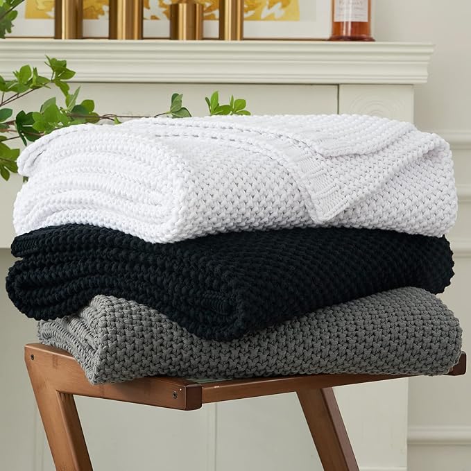 Chunky Cable Knit Throw Blanket Lightweight White 100% Organic Cotton Blanket for Sofa Couch Bed Baby Nursery, Rustic Shabby Chic Modern Farmhouse, Pure White 51” x 63” Give Laundering Bag-Ruum Studio Home